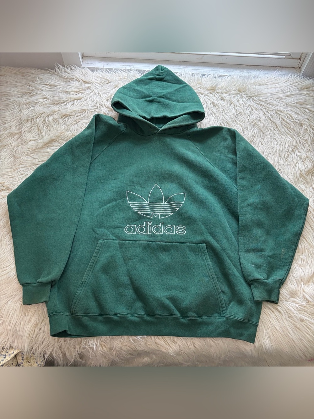 Vintage 90s Adidas Forest Green Heavy Weight Trefoil Embroidered Hoodie Size XL